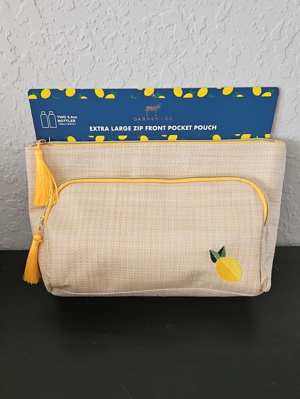 Dabney Lee Lemon Embroidered Extra Large Zip Front Pocket Pouch, NWT